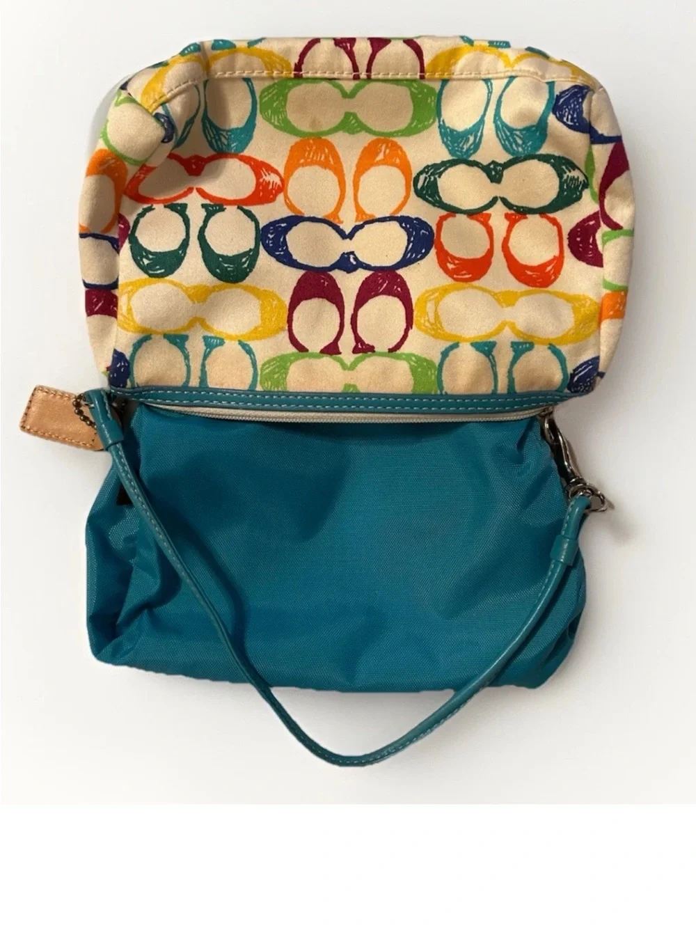 Coach Poppy Scribble Multicolored Wristlet/Clutch,Soft Canvas,Aqua Leather  Trim